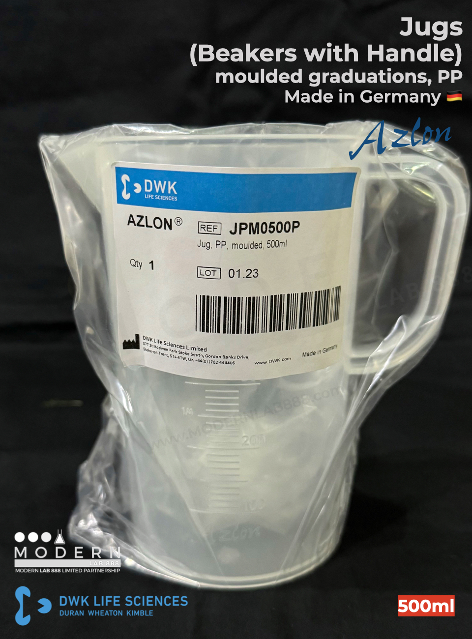 บีกเกอร์มีหูจับ พลาสติก PP แบบสเกลตัวนูน / Jug, moulded graduations, PP, "AZLON"