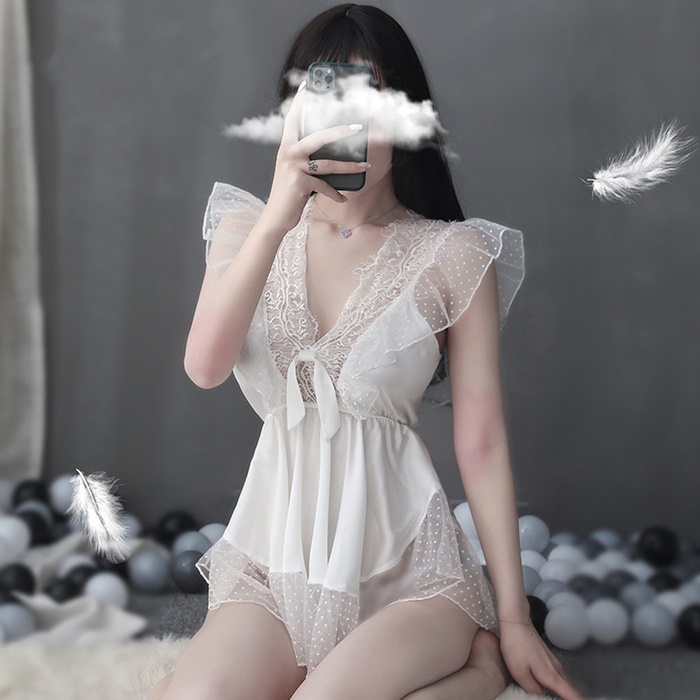 N827 ชุดนอนเซ็กซี่ ชุดนอนอีโรติกสีขาวตัวชุดเป็นผ้า3แบบตัดเย็บผสมผสานกันสวมใส่แบบใช้คล้องไหล่ตามรูปถ่ายสินค้าจริงเลยค่ะ