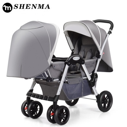 C10193 รถเข็นเด็กแฝดMshenma P-758สีฟ้า ดีไซน์ทันสมัยแบบหันหน้าเข้า