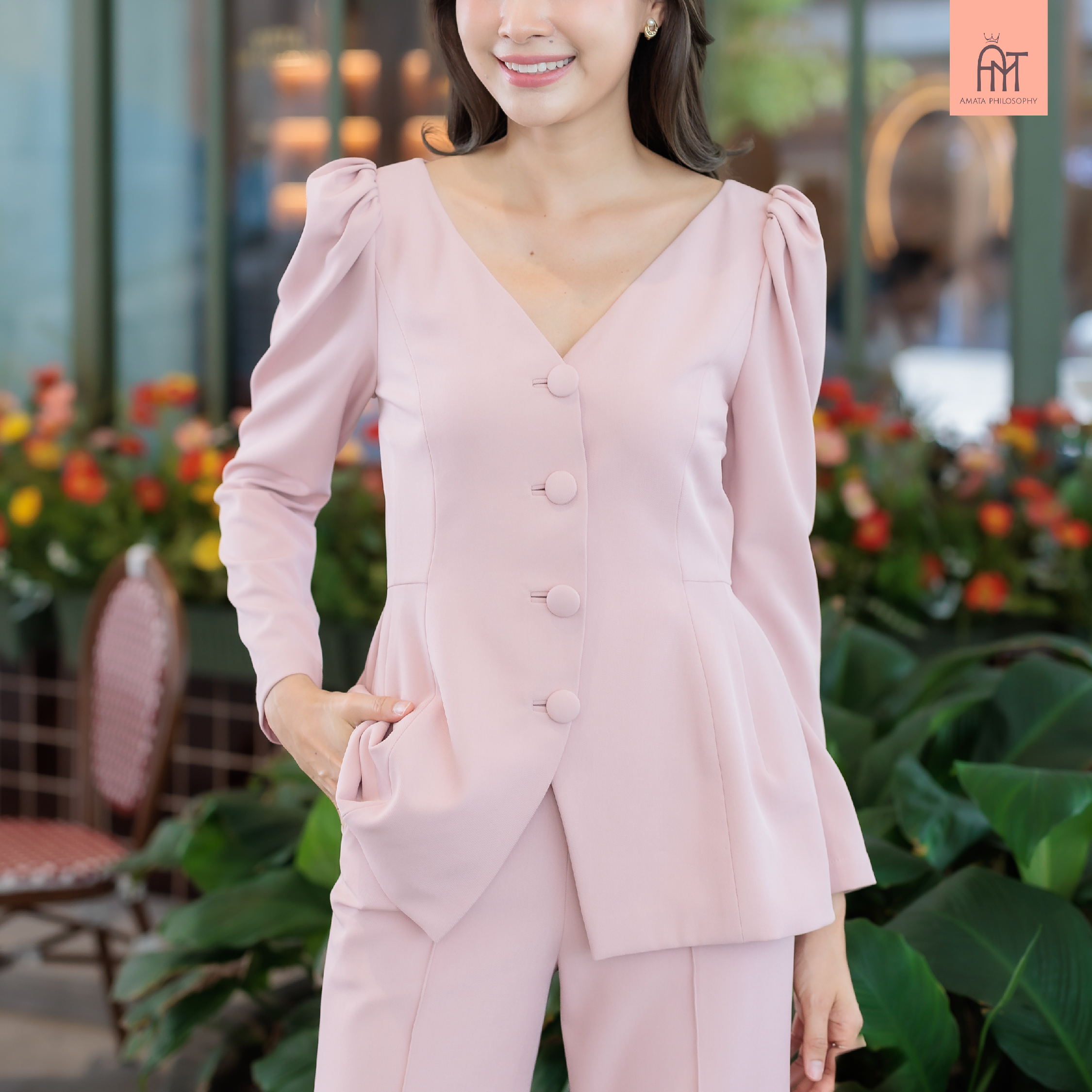 AMATA เสื้อ FLORENCE สีชมพู ครีมเบจ