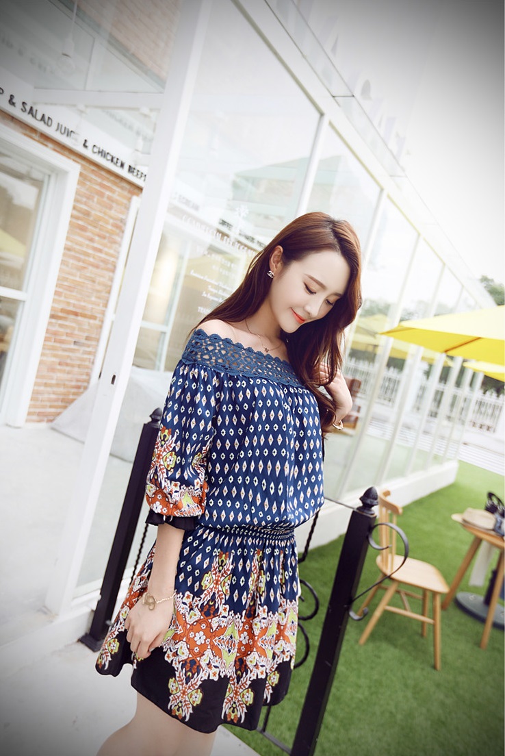 ชุดเดรสผ้าฝ้ายสีน้ำเงิน พิมพ์ลาย แขนยาว คอปาด ส่งฟรี ems