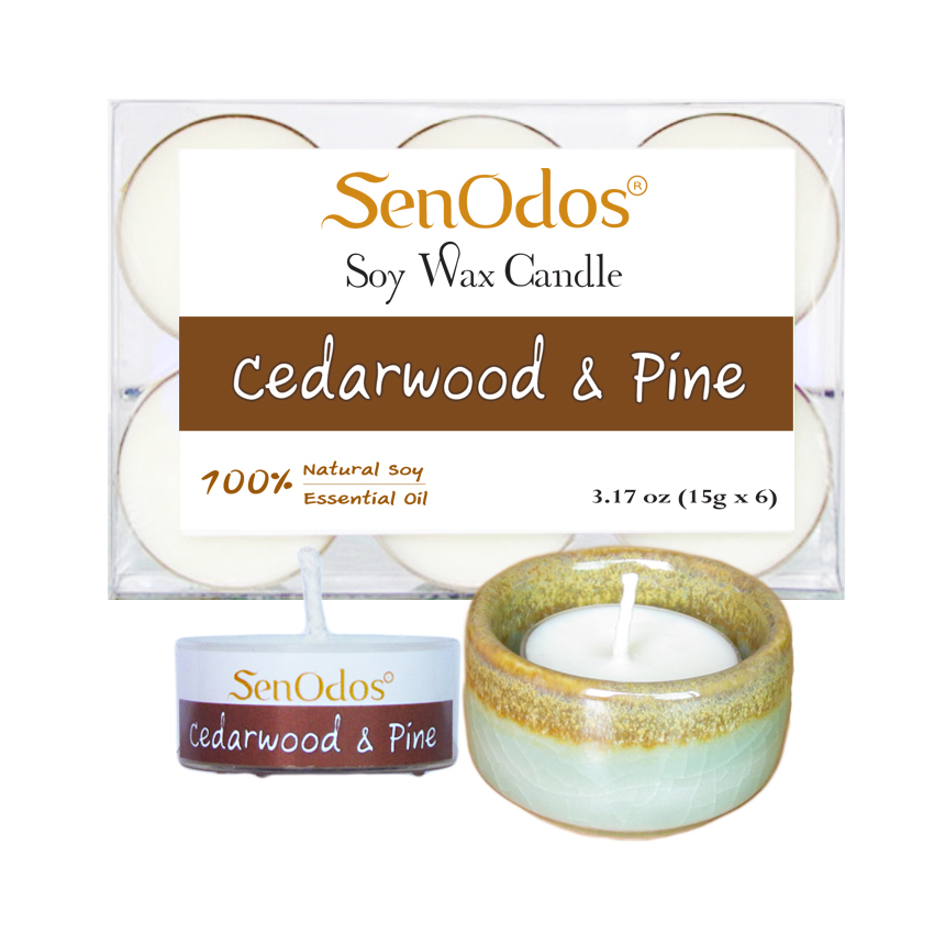 เทียนหอม เทียนทีไลท์ อโรม่า Cedarwood + Pine Tealight Soy Candle Aroma 15g x6 PCS กลิ่นซีดาร์วูด & ไพน + เชิงเทียน ที่วางเทียนทีไลท์ ศิลาดล (เซลาดล) สีเขียวหยกขอบทอง