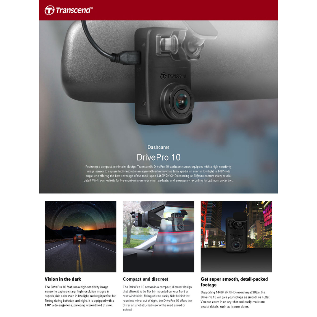 Transcend กล้องติดรถยนต์ DrivePro 10 2K QHD 1440P ฟรี Memory Card 64GB * รับประกัน 2ปี TS-DP10A-64G