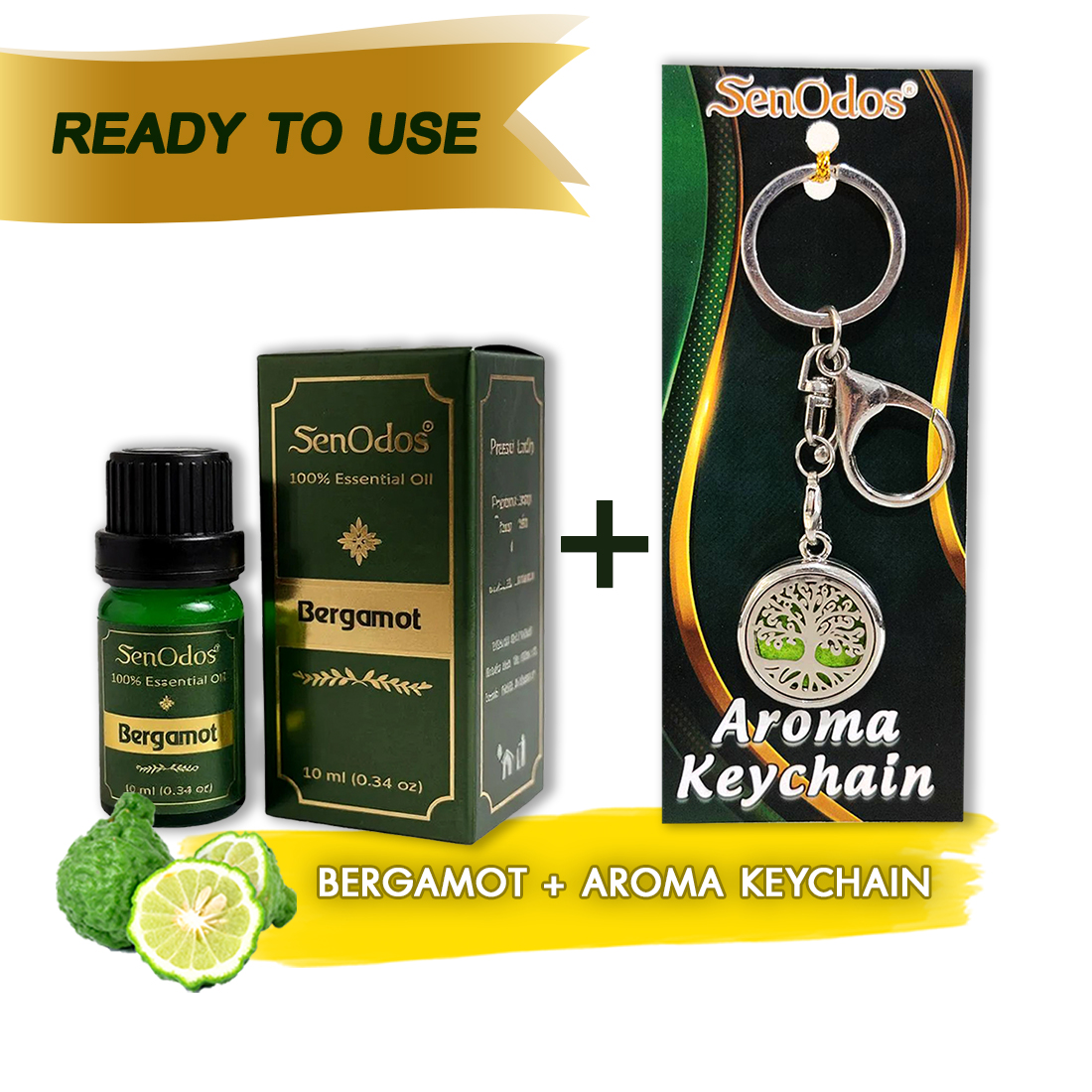 SenOdos น้ำมันหอมระเหยแท้ กลิ่นมะกรูด 10 ml Bergamot Pure Essential Oils + น้ำหอมพกพา น้ำหอมในรถ พวงกุญแจน้ำหอม (Aroma Keychain / Car Perfume Keyring) ที่ห้อยกระเป๋า ที่ห้อยพวงกุญแจ