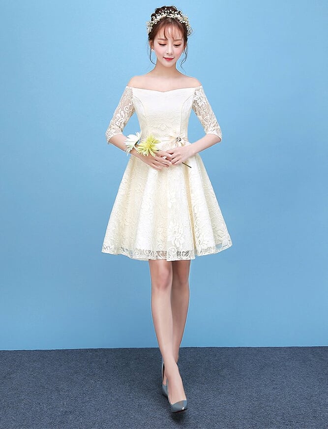 ชุดราตรีสั้น ชุดผ้าลูกไม้เนื้อดีสีครีม เปิดไหล่ แขนยาว สามส่วน ส่งฟรี ems