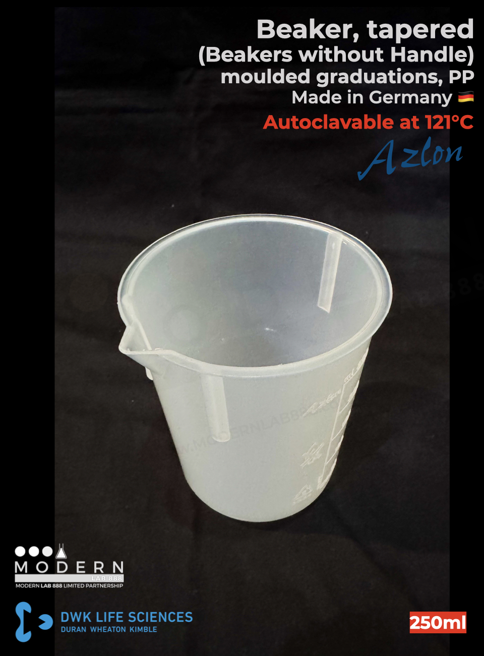 บีกเกอร์ พลาสติก PP แบบสเกลตัวนูน / Beaker, tapered, moulded graduations, PP, "AZLON"