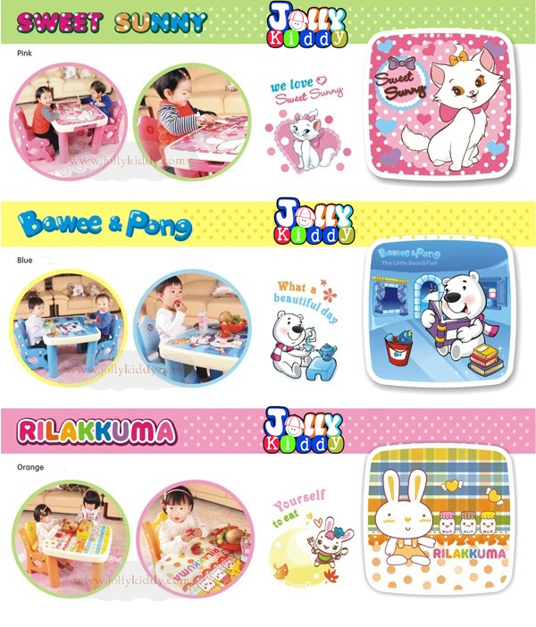 E10903 ชุดโต๊ะเรียนเขียนหนังสือสำหรับเด็กแบบน็อกดาวน์ ลายการ์ตูนแมวชมพู