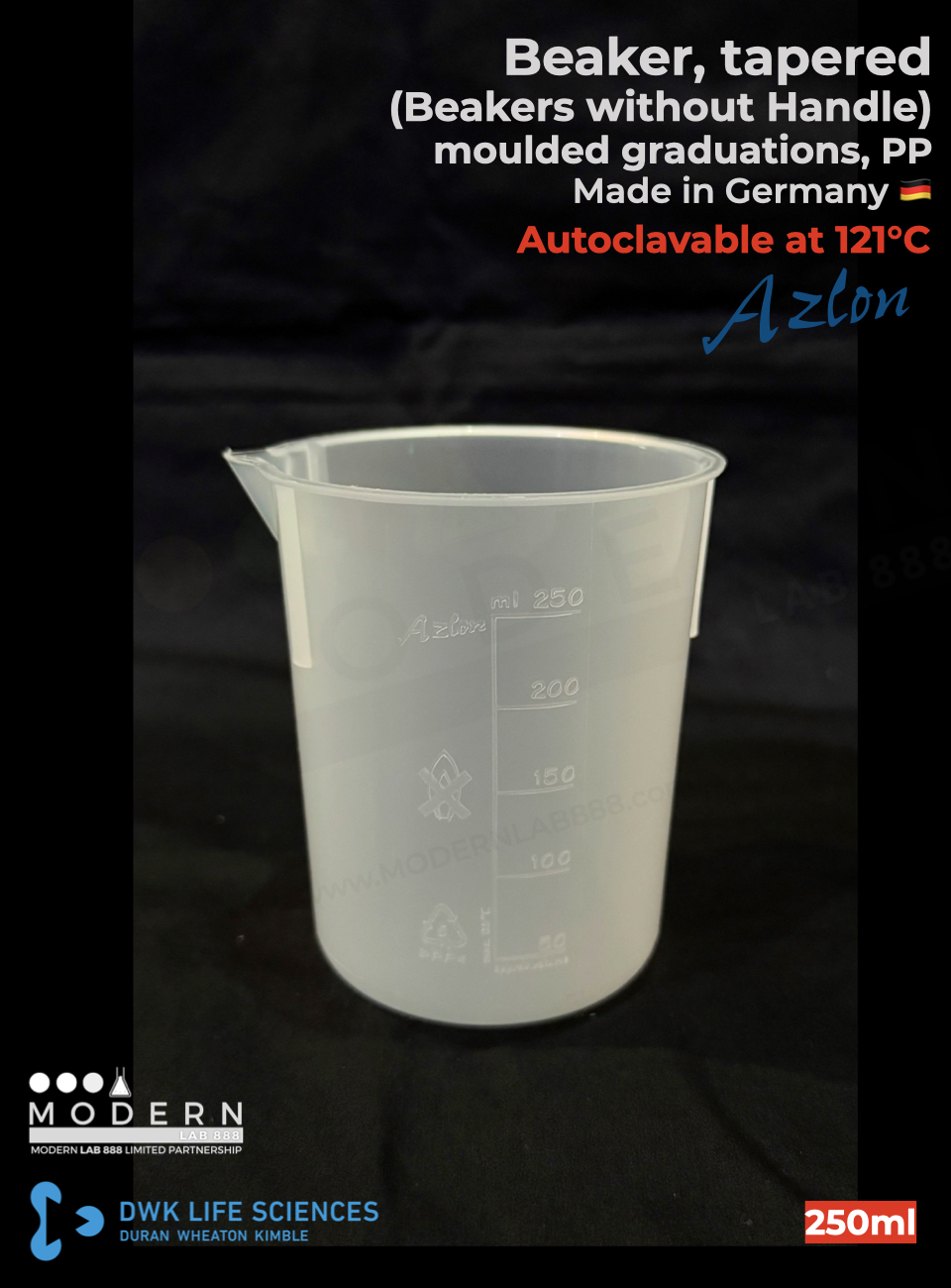 บีกเกอร์ พลาสติก PP แบบสเกลตัวนูน / Beaker, tapered, moulded graduations, PP, "AZLON"