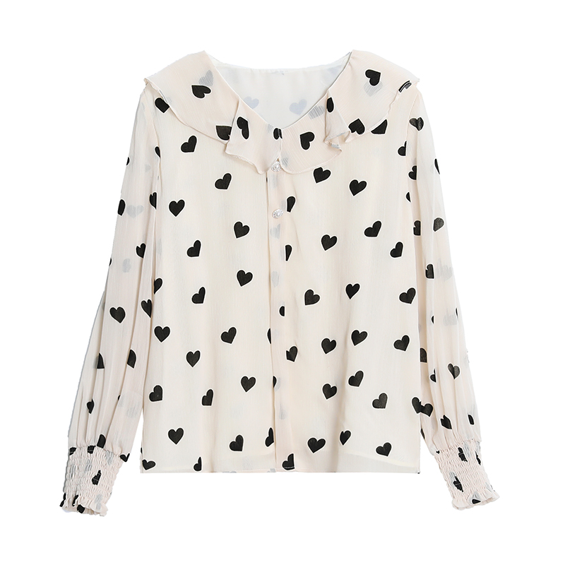 เสื้อสีครีมลายรูปหัวใจสีดำ เสื้อใส่ทำงานสวยๆๆ ส่งฟรี ems