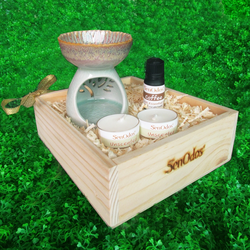 SenOdos ชุด เตาเผา น้ำมันหอมระเหย เซรามิค เครื่องปั้นดินเผา เนื้อศิลาดล สีเขียวหยก + น้ำมันหอมระเหยแท้ กลิ่นกาแฟ 10 ml. (แถมฟรี!! เทียนไขถั่วเหลืองบริสุทธิ์ 15 g. X 2 ชิ้น ราคา 120 บาท) บรรจุใน กล่องไม้สน รูปทรงเหลี่ยม สวยงาม คุณภาพดี