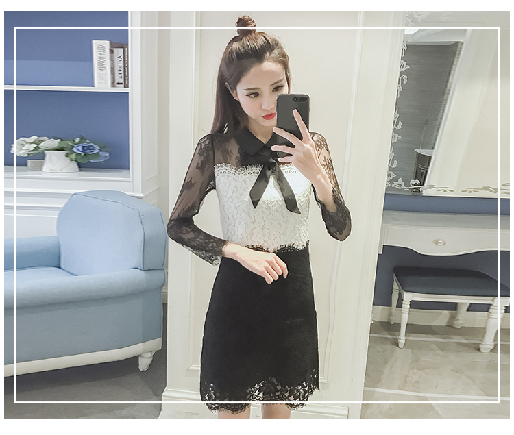 ชุดเดรสผ้าลูกไม้เนื้อดีตัวเสื้อสีขาว แขนเสื้อและกระโปรงผ้าลูกไม้สีดำ ส่งฟรี ems