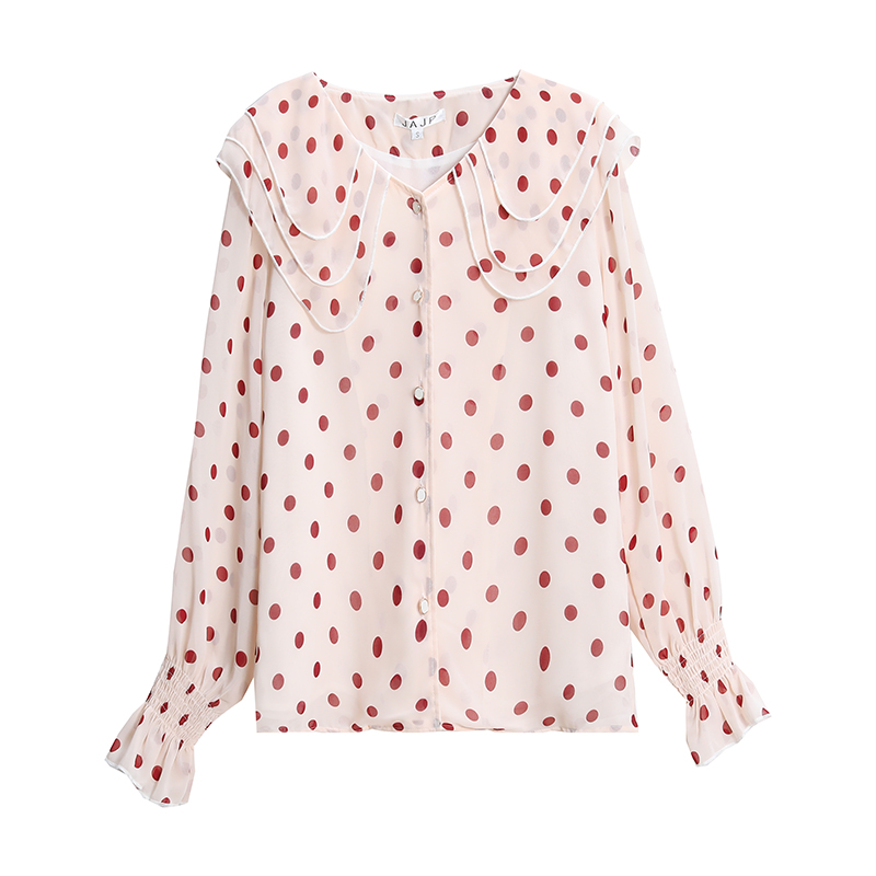 เสื้อสีครีมลายจุดสีแดง เสื้อใส่ทำงานสวยๆๆ ส่งฟรี ems