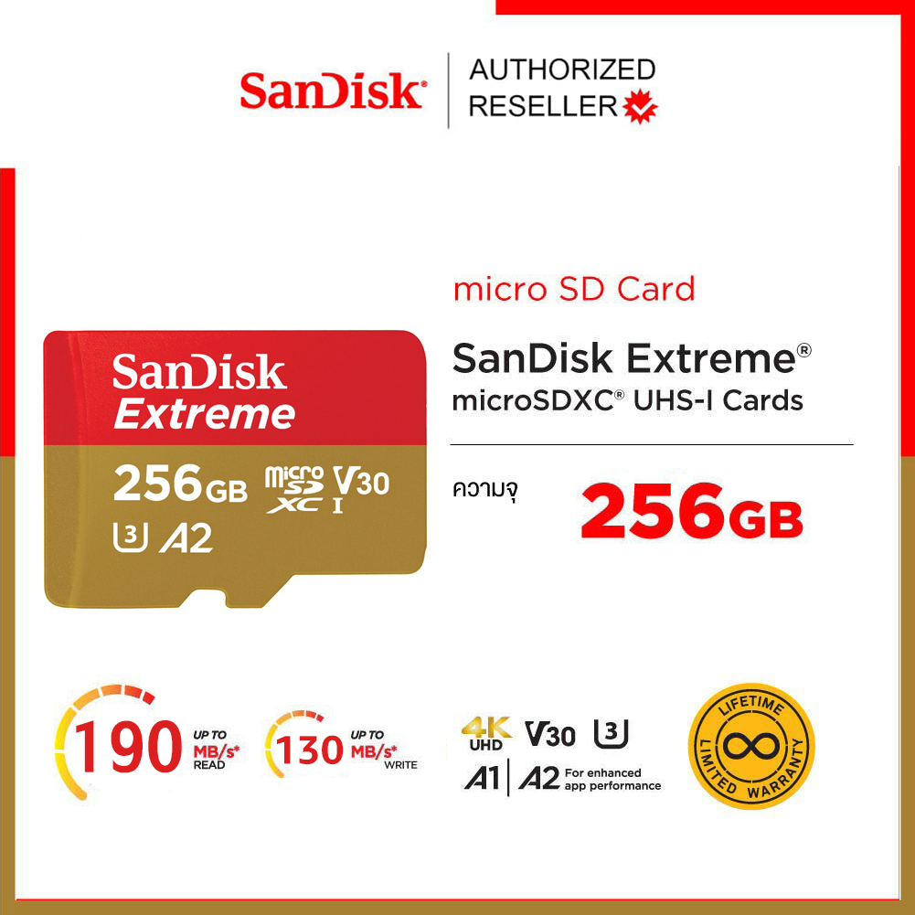 SanDisk Extreme microSDXC Card V30 U3 256GB 190MB/s R, 130MB/s W (SDSQXAV-256G-GN6MN) Mobile Gaming ,Nintendo ,GoPro ประกัน Synnex ตลอดอายุการใช้งาน