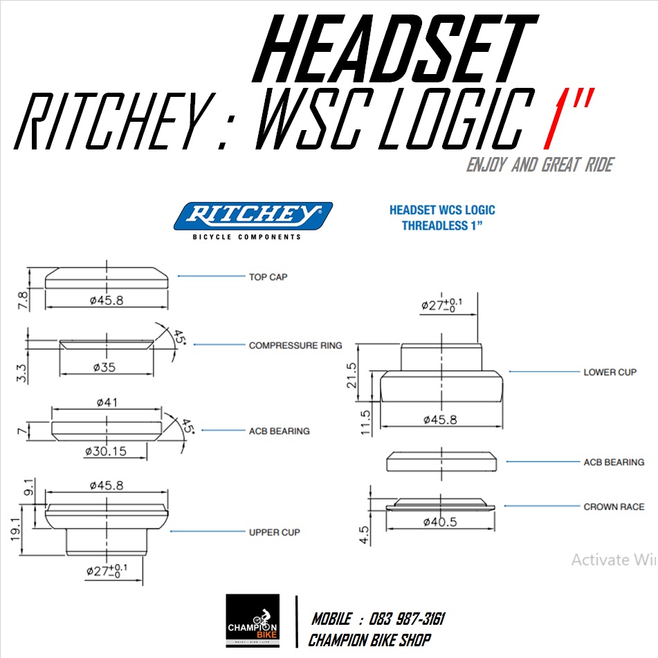ลูกปืนคอ 1 นิ้ว RITCHEY : WCS LOGIC 1" THREADLESS HEADSET สีดำ