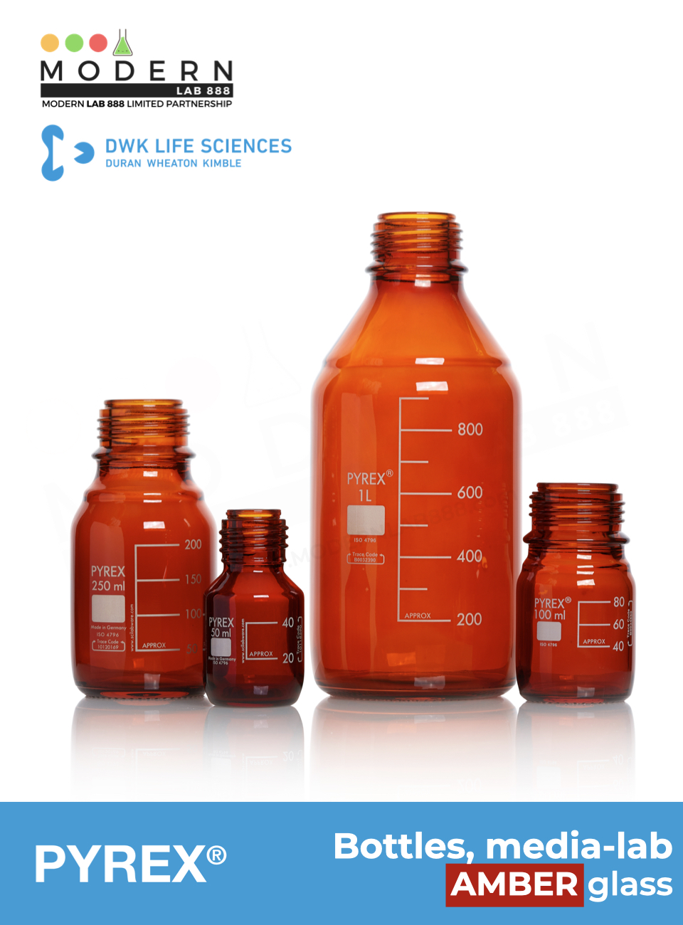 ขวดมีเดียสีชา ไม่มีฝา / Bottles, media-lab, without cap and pouring ring, Amber glass, PYREX