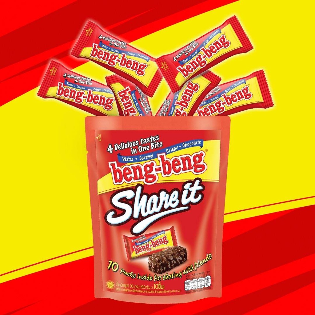 Beng-Beng Share it เบง เบง แชร์ อิท เวเฟอร์สอดไส้ครีมเคลือบคาราเมล ช็อคโกแลตและข้าวพอง ขนาด 95 กรัม Beng Beng เบงเบง