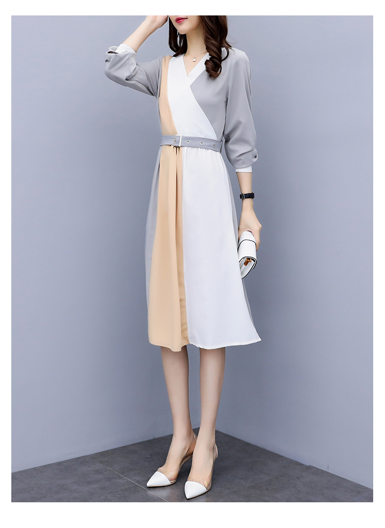 ชุดเดรสใส่ทำงาน ผ้าโพลีเอสเตอร์ผสมสีเทาแขนยาว ส่งฟรี ems