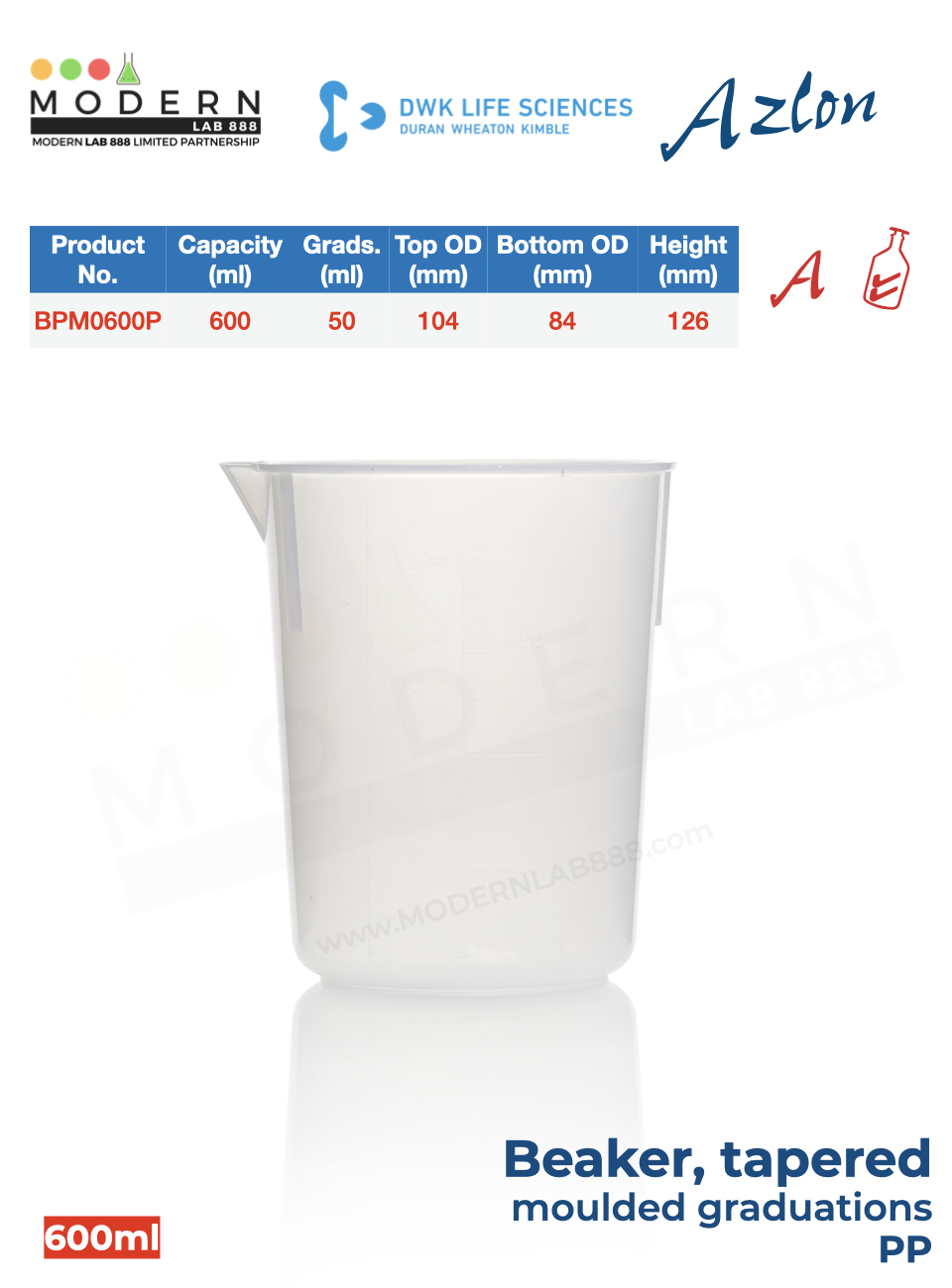 บีกเกอร์ พลาสติก PP แบบสเกลตัวนูน / Beaker, tapered, moulded graduations, PP, "AZLON"