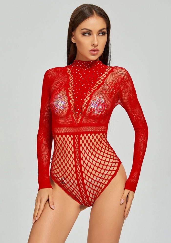 K165 ชุดตาข่ายแขนยาวเซ็กซี่ ชุดบอดี้สูทแขนยาวเนื้อตาข่าย รหัสนี้รวมความหลากหลายของลายตาข่ายไว้ในชุดเดียวกัน ด้านหน้าช่วงลำคอแหลมมายังหน้าอกประดับด้วยจิลเม็ดเล็กๆตามรูปเลยค่ะ