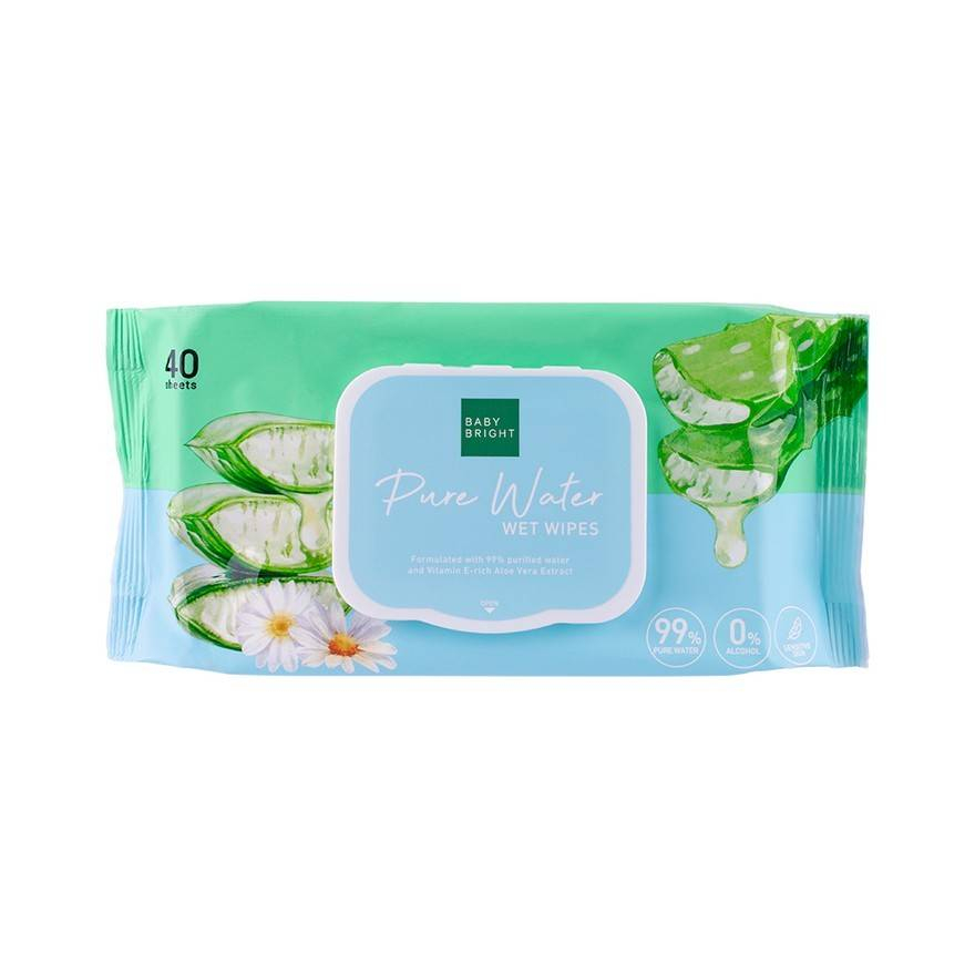 Baby Bright Pure Water Wet Wipes 40 Sheets เบบี้ ไบร์ท ทิชชู่เปียก เพียววอเตอร์เว็ทไวพส์ ทิชชู่เปียกทำความสะอาด 40 แผ่น