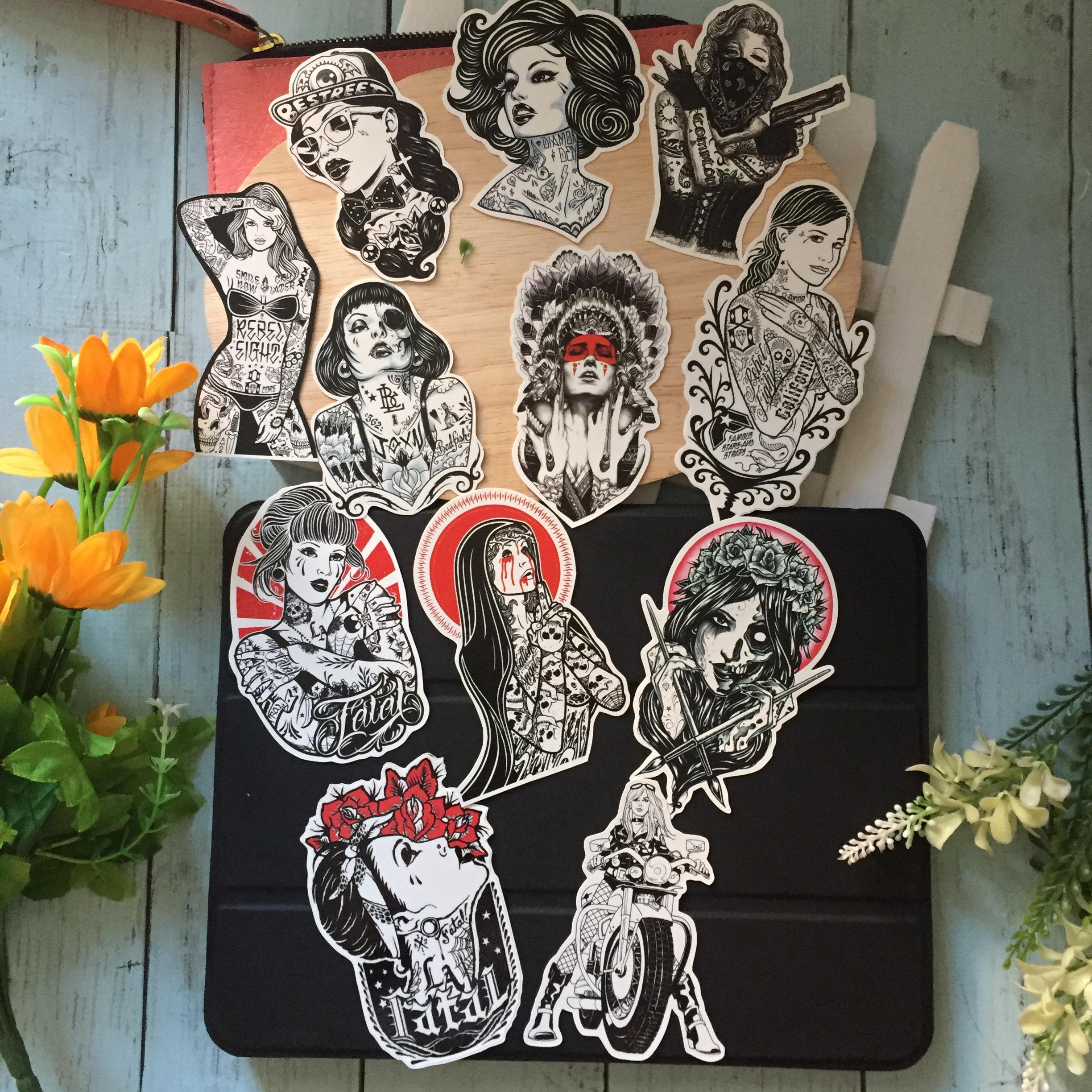 Tattoo Street Girl สติกเกอร์ เคลือบกันน้ำ ติดกระเป๋าเดินทาง มอเตอร์ไซด์ Laptop เคสโทรศัพท์ กระบอกน้ำ Waterproof Decal Sticker