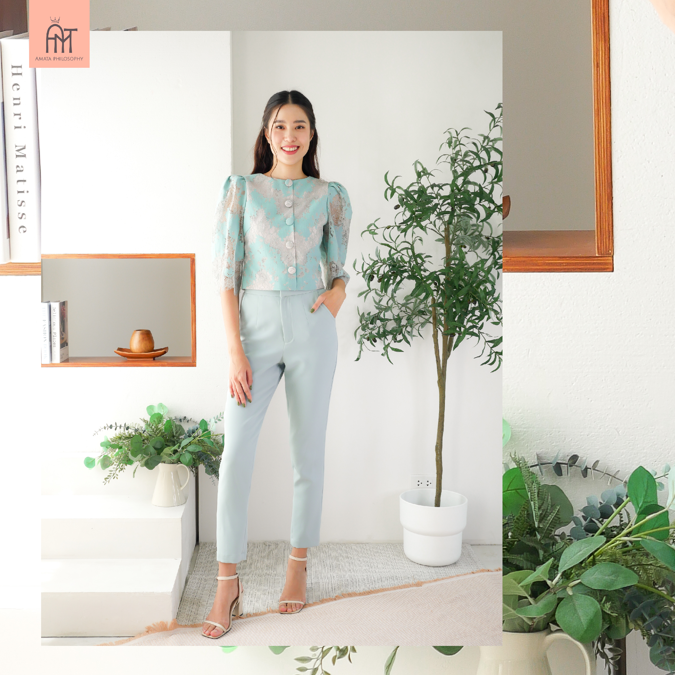 AMATA กางเกง FRENCH สีฟ้า ดำ ครีมเบจ ขาว ชมพู