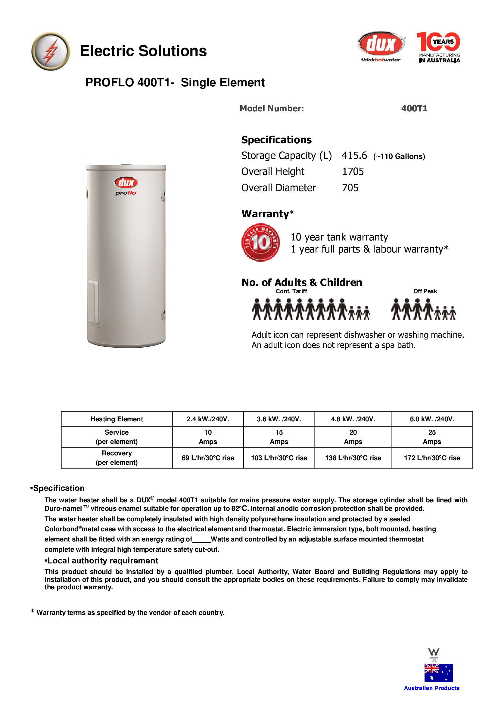 เครื่องทำน้ำร้อนDux 400T1 4.8Kw/240V.