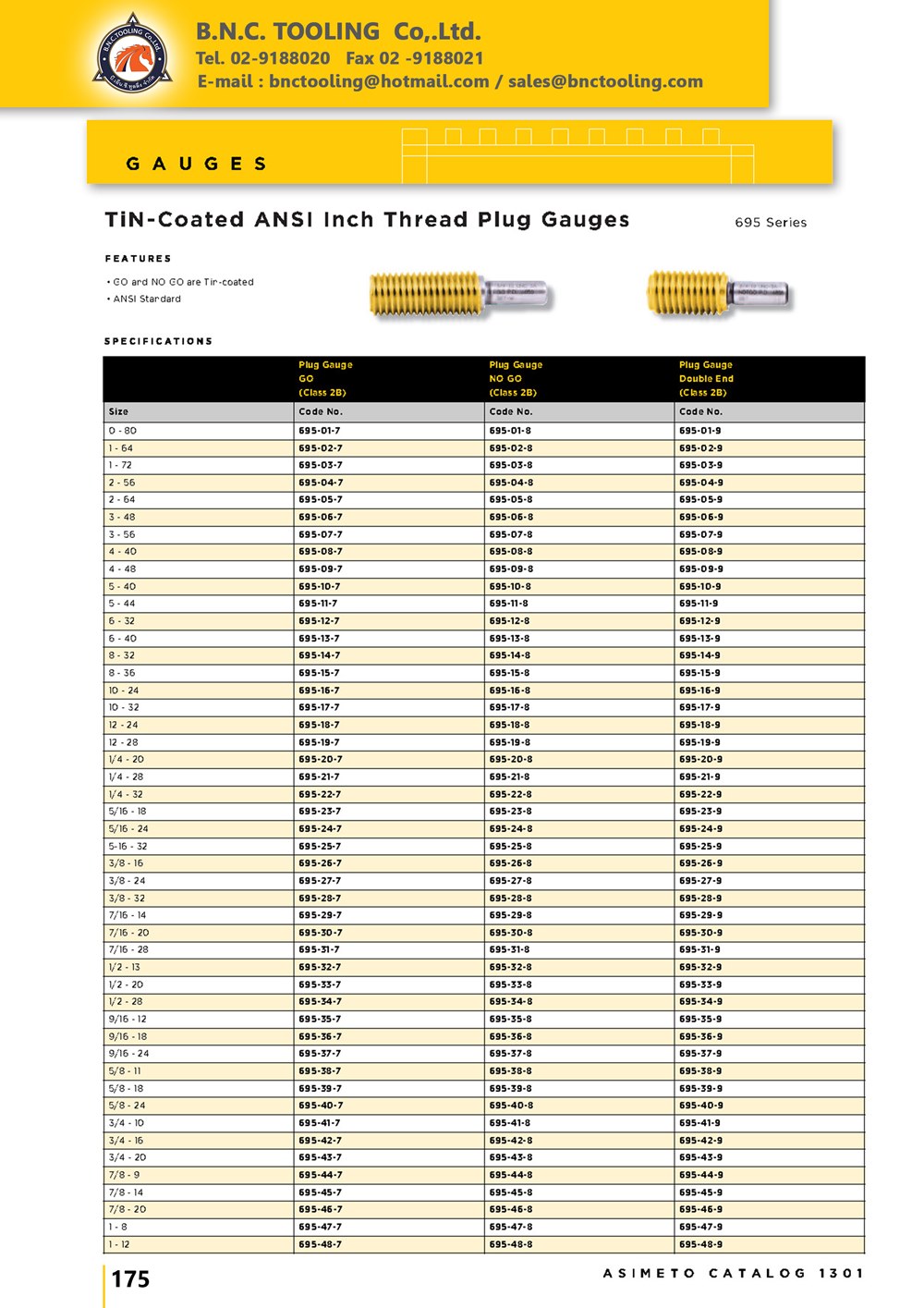 ASIMETO,P175,TiN-Coated ANSI Inch Thread Plug Gauges,695-01-7