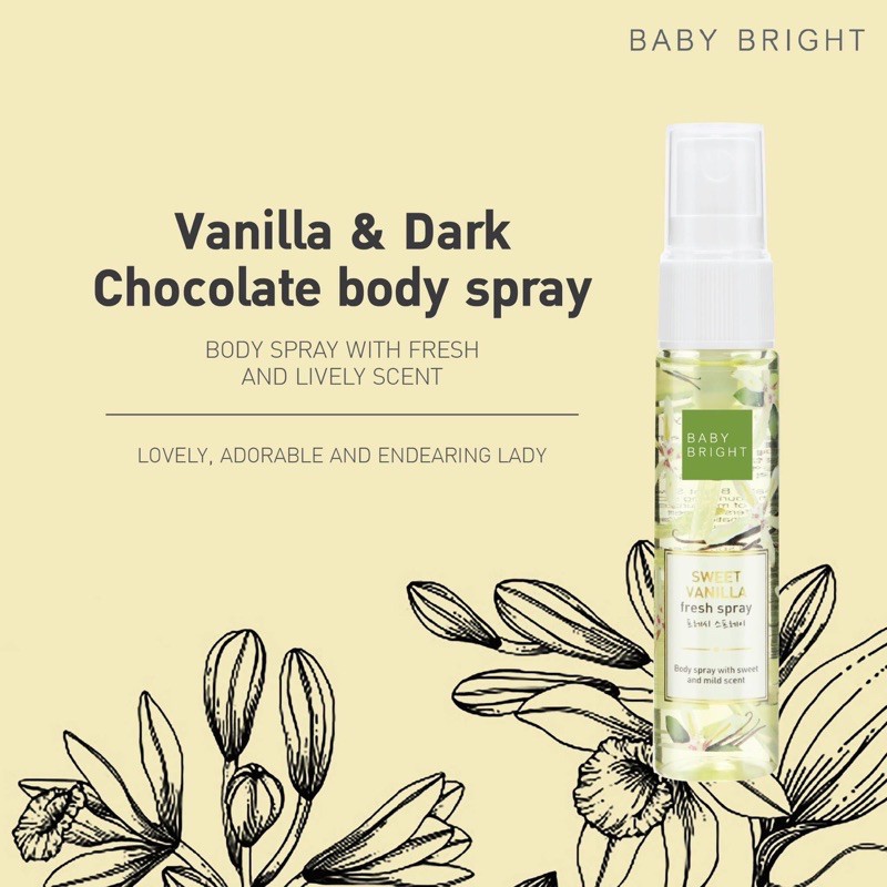 BABY BRIGHT Sweet Vanilla Fresh Spray 20ML เบบี้ไบร์ท สเปรย์น้ำหอม สเปรย์บำรุงผิวกาย กลิ่นวานิลลา & ดาร์กช็อคโกแลต กลิ่นหอมละมุน 20 มล.