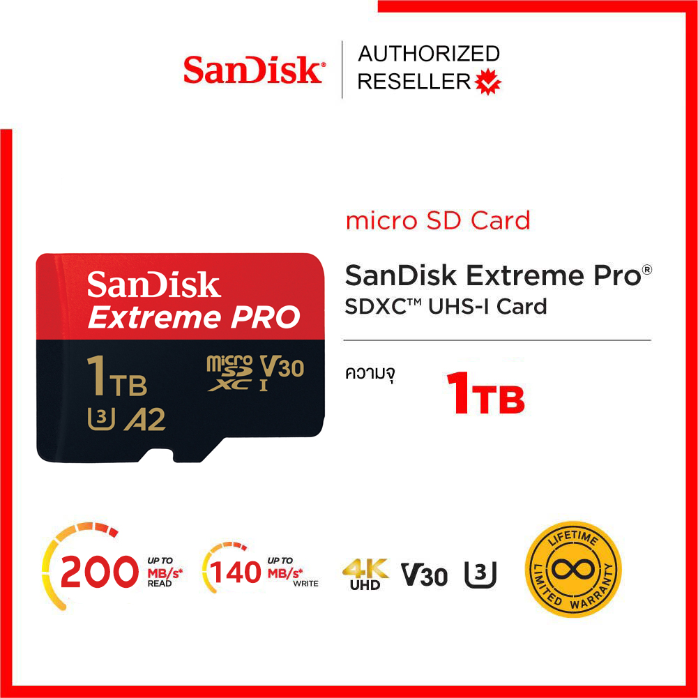 SanDisk ExtremePro microSDXC Card V30 U3 512TB 200MB/s R, 140MB/s W (SDSQXCD-1T00-GN6MA) Mobile Gaming ,Nintendo ,GoPro ประกัน Synnex ตลอดอายุการใช้งาน