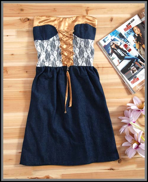 เดรสเกาะอกยีนส์สีน้ำเงินเข้ม ส่งฟรีทุกชุด