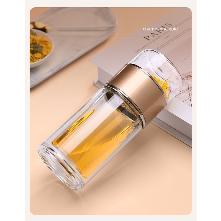 ขวดน้ำแก้วพร้อมที่กรอง SUS304 ผนังสองชั้น 420ml. (สีทอง หรือ ชมพู)