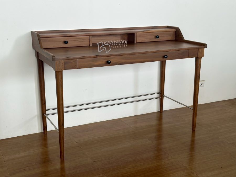 โต๊ะทำงานไม้สักสไตล์มินิมอล สีวอลนัท