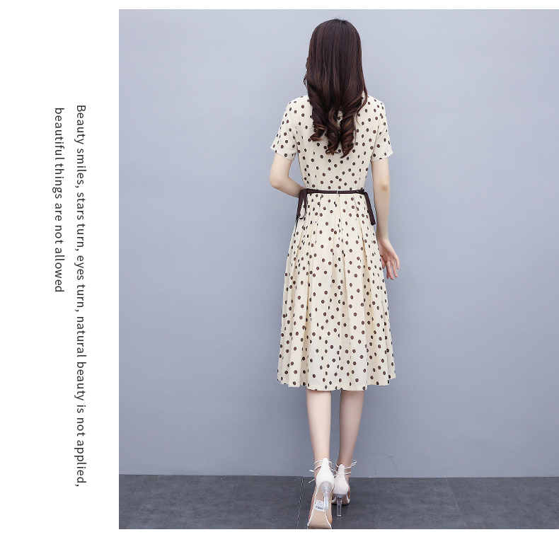 ชุดเดรสใส่ทำงานผ้าโพลีเอสเตอร์ผสมสีครีม ลายจุดสีน้ำตาล ส่งฟรี ems