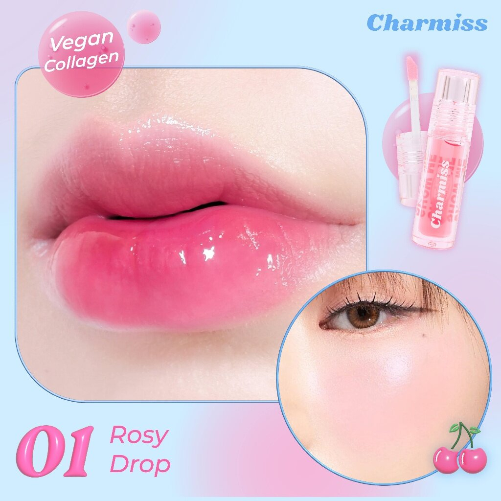 CHARMISS SHOW ME YOUR LOVE JUICY DROP LIP & CHEEK OIL #01 Rosy Drop ลิปออยล์เปลี่ยนสี CHARMISS 2 IN 1 เป็นทั้งลิปและบลัชในแท่งเดียว สี 01 Rosy Drop เปลี่ยนเป็นสีชมพูอ่อน สูตรวีแกนคอลลาเจนจากพืช