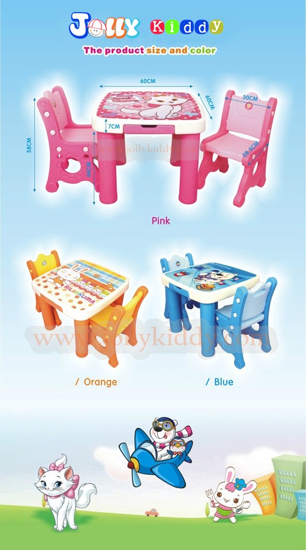 E10903 ชุดโต๊ะเรียนเขียนหนังสือสำหรับเด็กแบบน็อกดาวน์ ลายการ์ตูนแมวชมพู