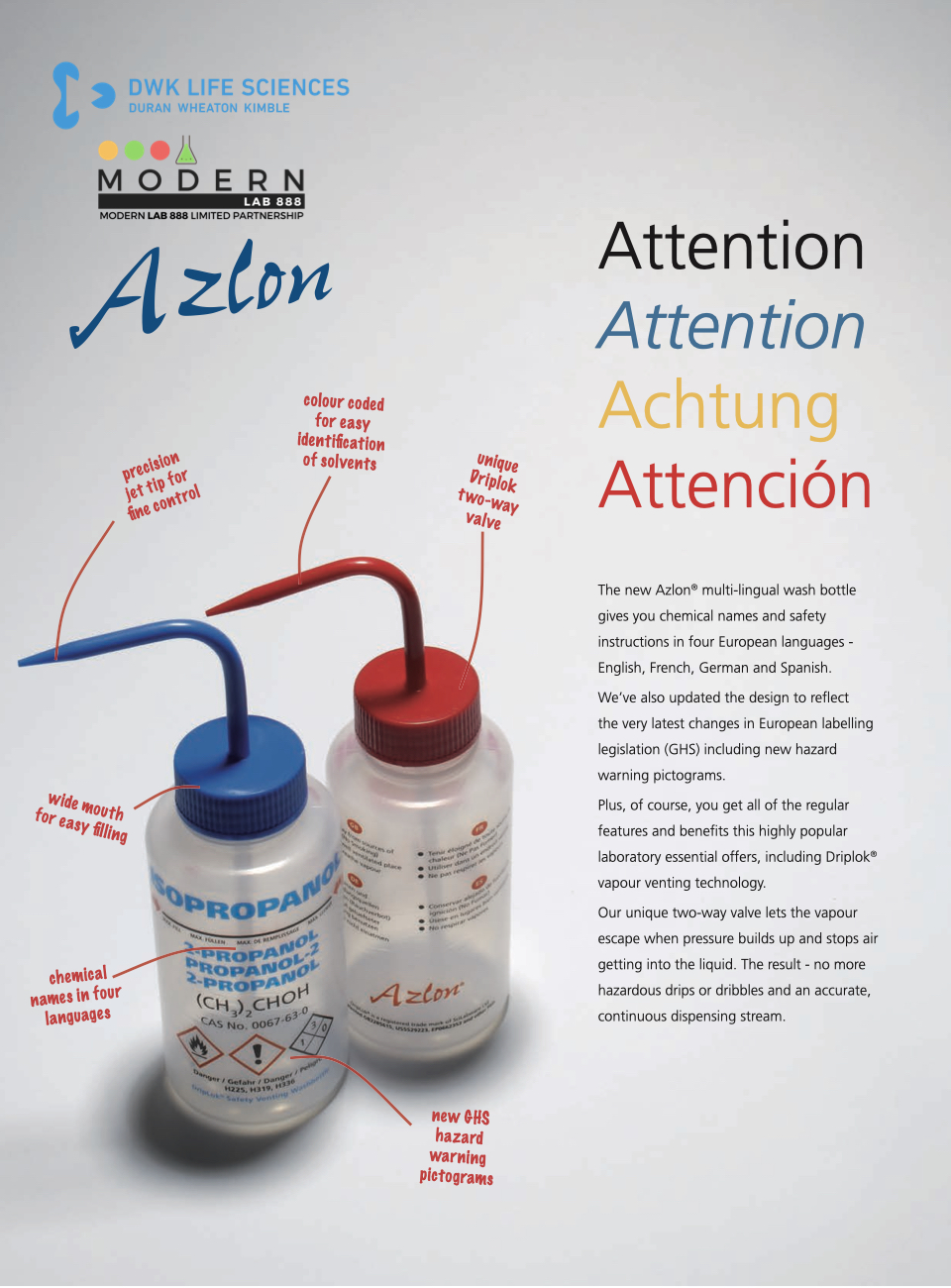 ขวดฉีดล้างพลาสติก METHANOL / AZLON® Wash Bottle, safety venting LDPE, "METHANOL"
