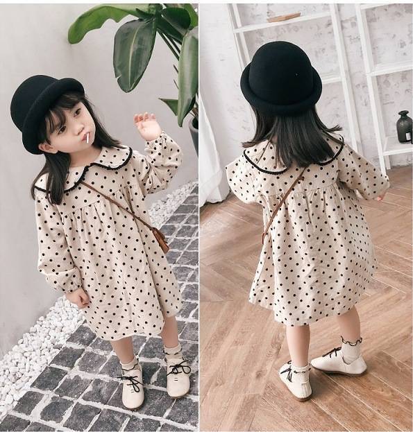 GD09/🧸พร้อมส่ง🧸ชุดเด็กผู้หญิง เดรสคอบัวแขนยาว ซิปหลัง