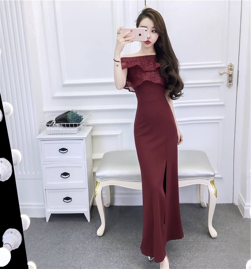 ชุดราตรีสีไวน์แดง ดีไซน์เปิดไหล่ ปิดต้นแขน ส่งฟรี ems