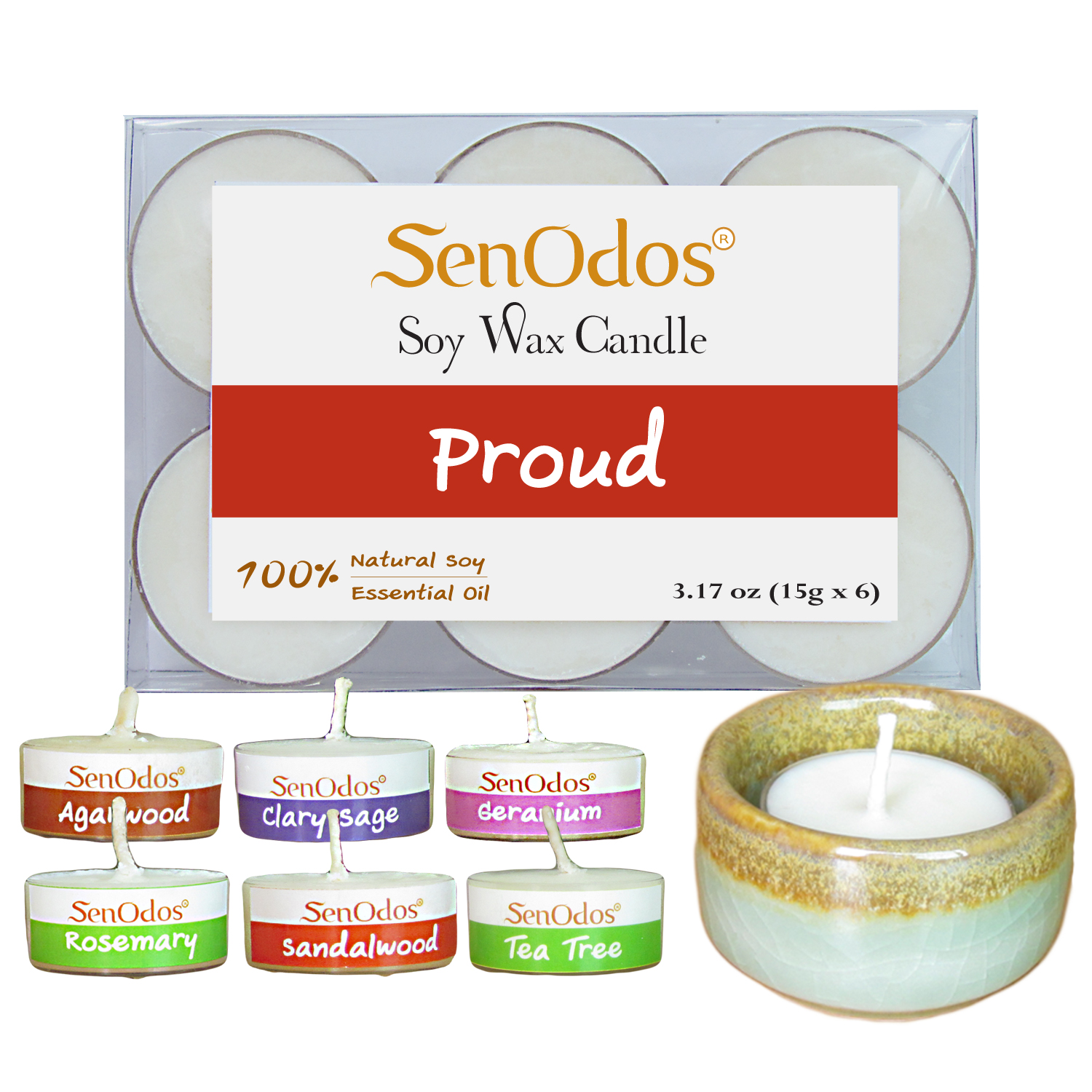 SenOdos กลิ่นภาคภูมิใจ Soy Candles Aroma Proud เทียนหอมอโรม่า (แพ็ค 6 ชิ้น) + เชิงเทียน ที่วางเทียนทีไลท์ ศิลาดล (เซลาดล) สีเขียวหยกขอบทอง