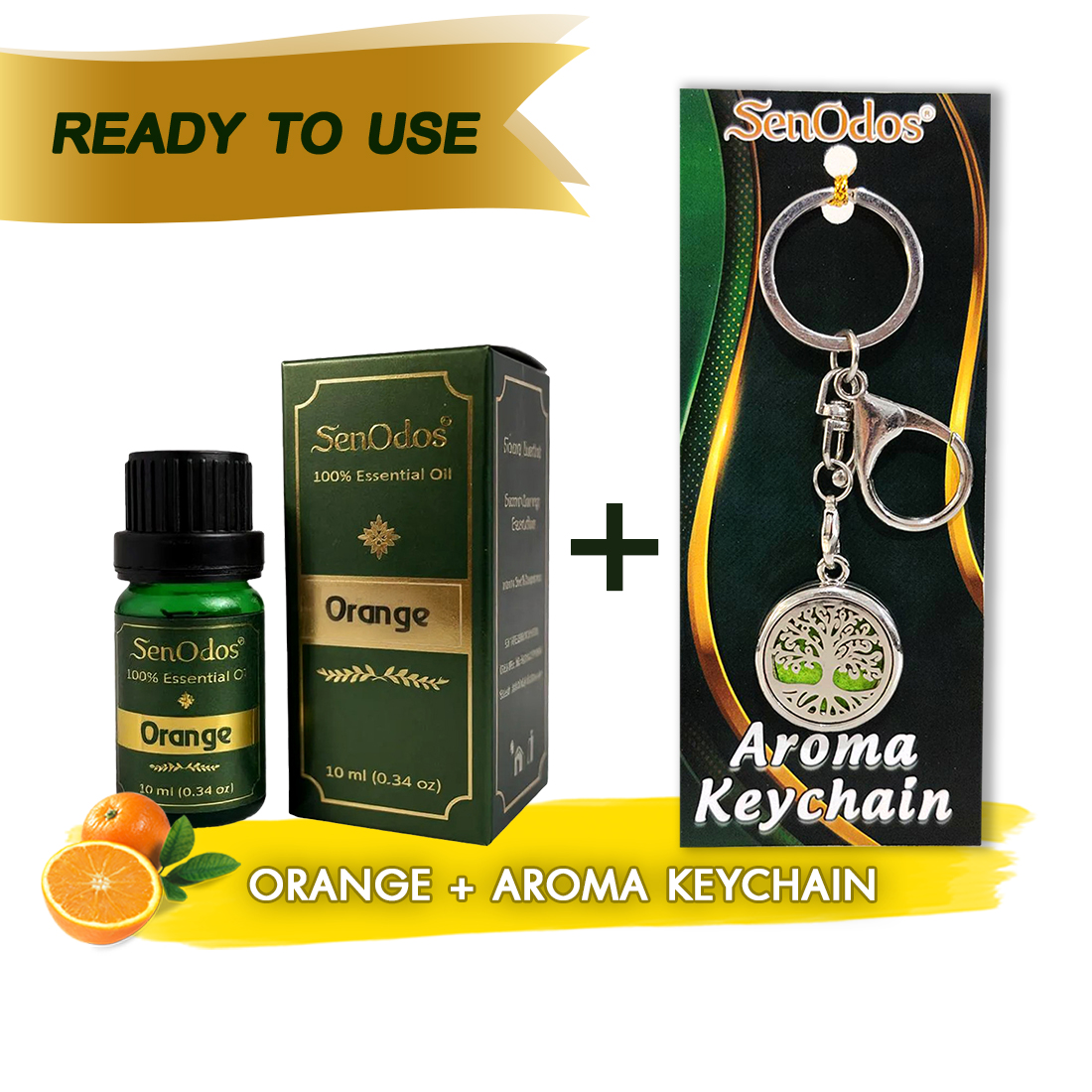 SenOdos น้ำมันหอมระเหยแท้ กลิ่นส้ม Orange Pure Essential Oils 10ml + น้ำหอมพกพา น้ำหอมในรถ พวงกุญแจน้ำหอม (Aroma Keychain / Car Perfume Keyring) ที่ห้อยกระเป๋า ที่ห้อยพวงกุญแจ