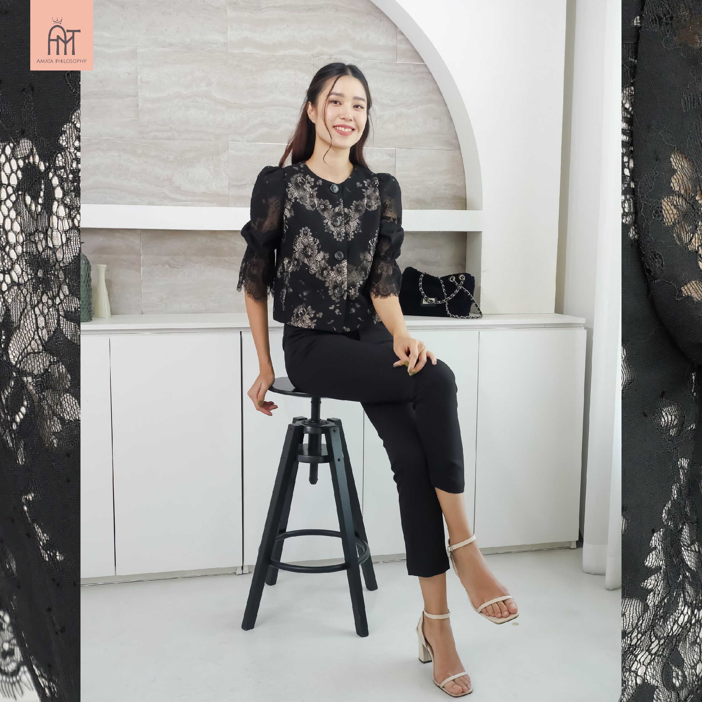 AMATA กางเกง FRENCH สีฟ้า ดำ ครีมเบจ ขาว ชมพู