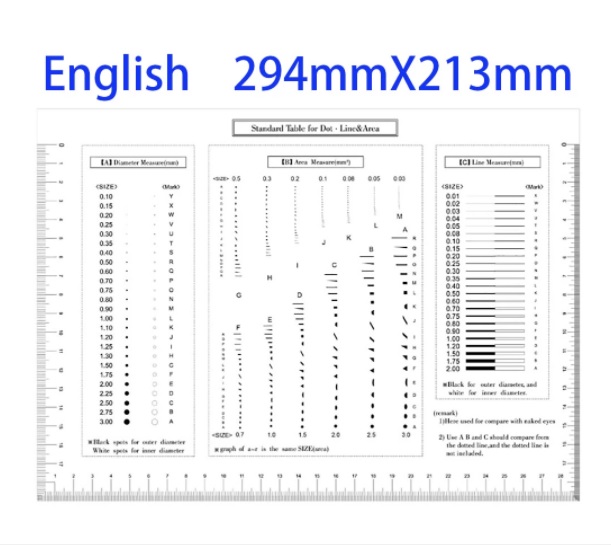ENG294แผ่นใสแสดงค่า จุด มาตราฐาน ( Eng. Version),ขนาด 294x213mm Dot Area Line Standard Table High Transparent Soft PET Micrometer Calibration Film Ruler QC Defect Measurement Tool.