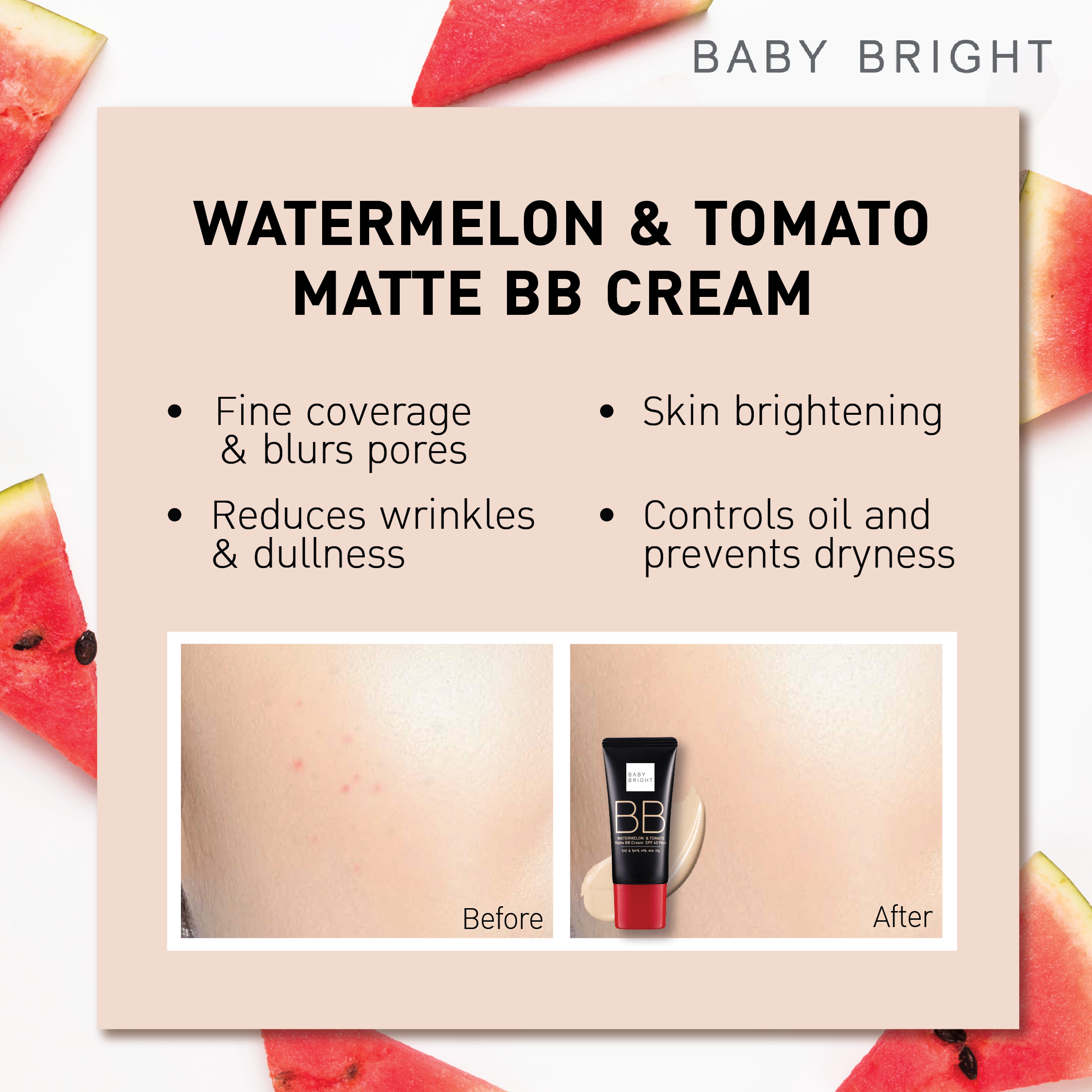 (กล่อง 6 ซอง) Baby Bright BB Watermelon & Tomato Matte BB Cream SPF 45 PA++ 7G. #21 LIGHT BEIGE เบบี้ไบร์ท บีบีครีมแตงโม วอเตอร์เมล่อนแอนด์โทเมโทแมทท์บีบีครีม เอสพีเอฟ45 พีเอ++ 7G สี 21 ไลท์เบจ (แถมคอนซีล)