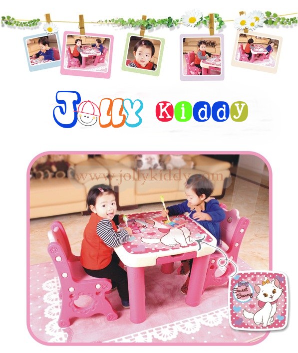 E10903 ชุดโต๊ะเรียนเขียนหนังสือสำหรับเด็กแบบน็อกดาวน์ ลายการ์ตูนแมวชมพู