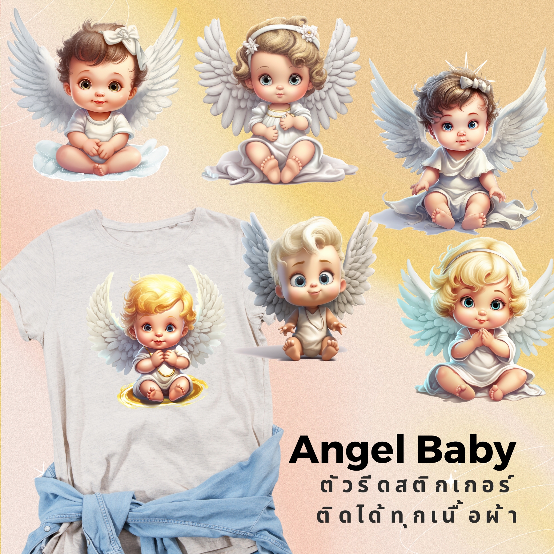 ตัวรีดติดเสื้อ เบบี้ นางฟ้า น่ารัก แบบสติกเกอร์ Set ขนาด20Cm รีดแล้วลอก สกรีนลายDIY ตัวรีด DFT DTF