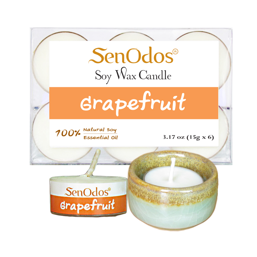 SenOdos เทียนหอม อโรม่า เทียนทีไลท์ Tealight Set Grapefruit Soy Candles - กลิ่นเกรปฟรุตแท้ 15 g. (6 ชิ้น) + เชิงเทียน ที่วางเทียนทีไลท์ ศิลาดล (เซลาดล) สีเขียวหยกขอบทอง