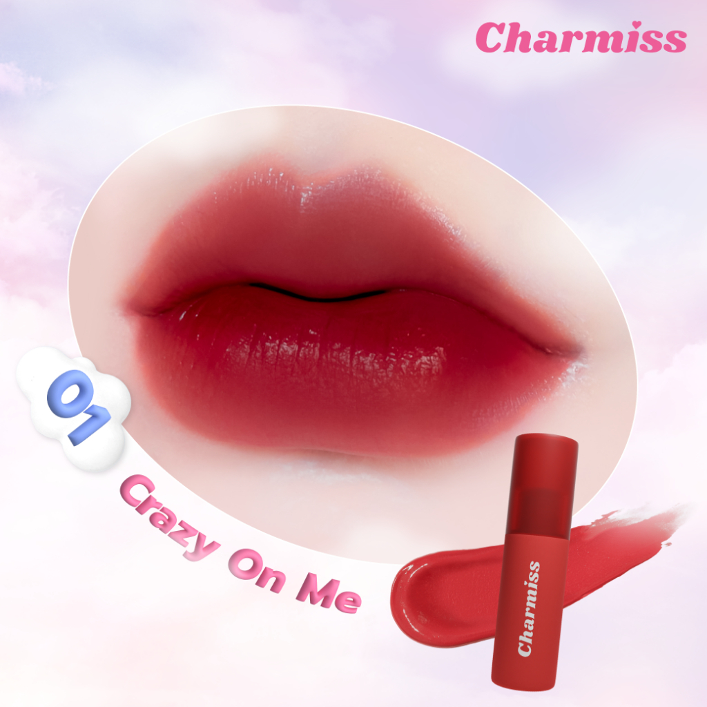 Charmiss Show Me Your Charm Airy Kiss Tint #01 Crazy On Me ลิปแมทท์ปากละมุน เบานุ่มเหมือนจุ๊บเมฆ เนื้อแอร์มูส สูตรแมทท์ สี 01 Crazy On Me สีแดงเพิ่มพลัง รอดทุกสีผิว