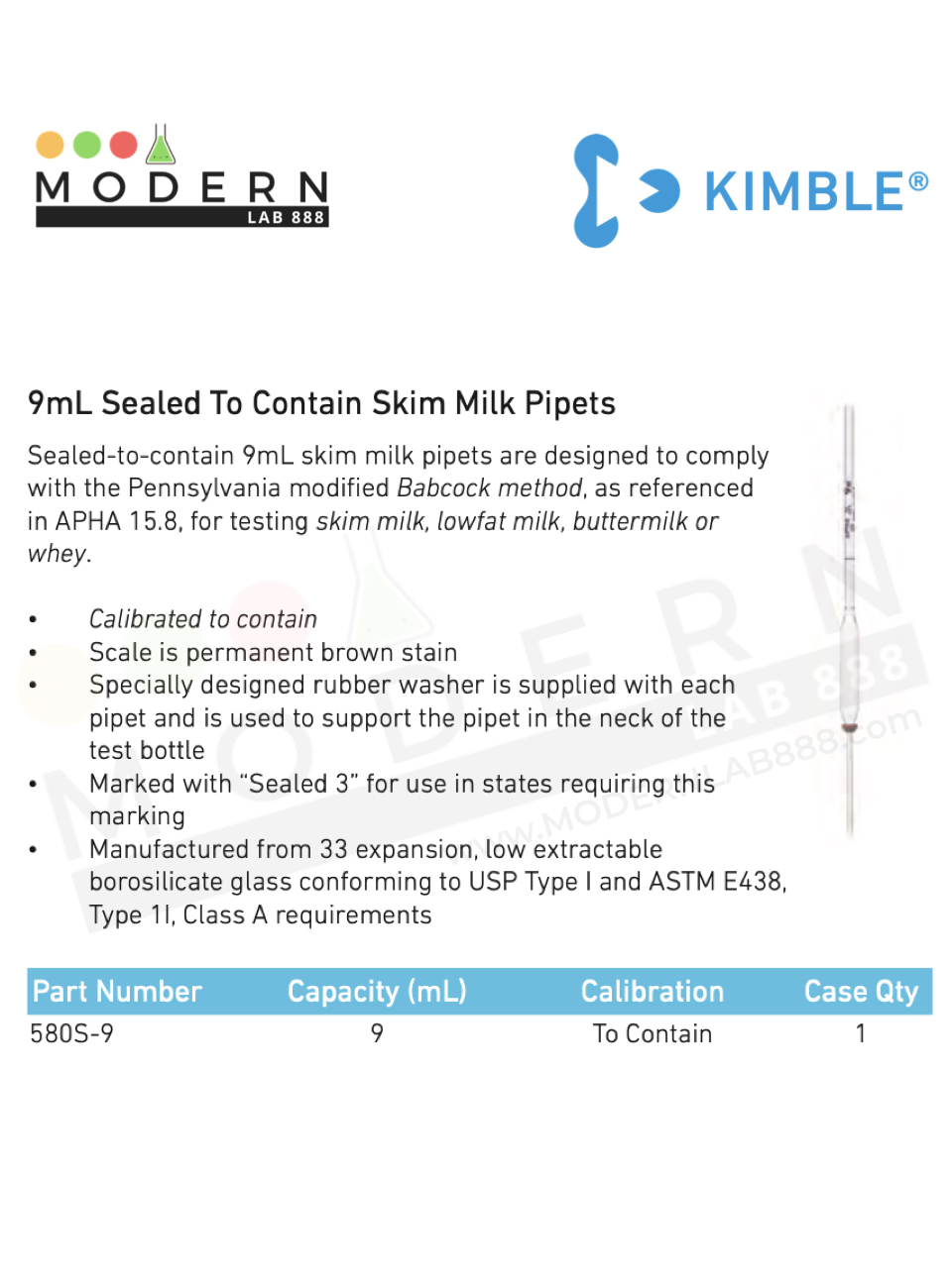 9mL Sealed To Contain Skim Milk Pipets