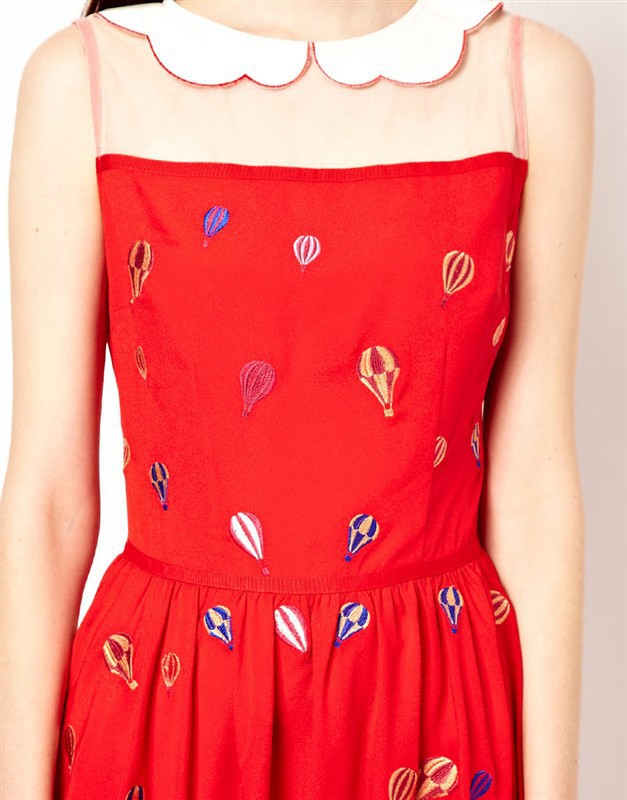 ชุดเดรสแขนกุด ผ้าชีฟองเนื้อดีสีแดง ลายบอลลูน ส่งฟรี ems